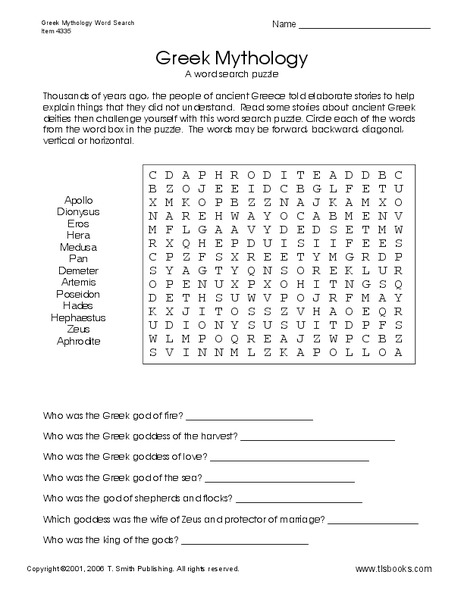 Greek Mythology Worksheet