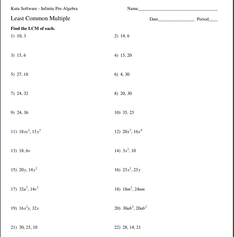 Least Common Multiple Worksheet