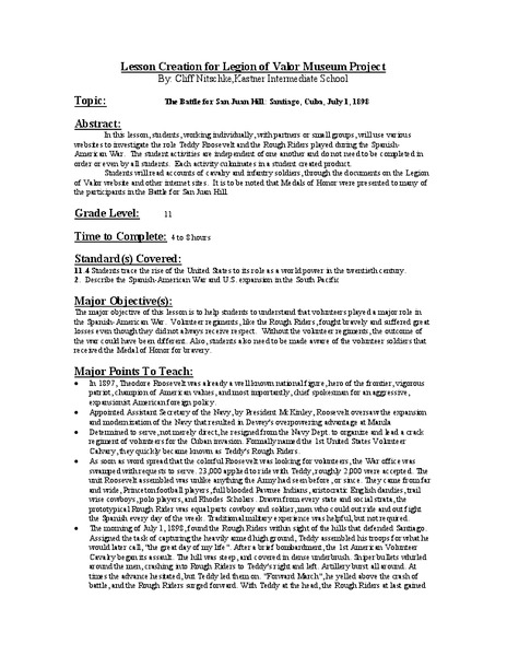 The Battle for San Juan Hill: Santiago, Cuba, July 1, 1898 Lesson Plan