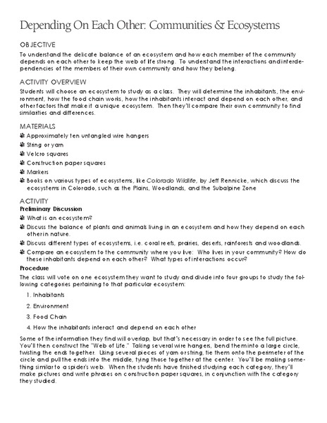Depending On Each Other. Communities And Ecosystems Lesson Plan