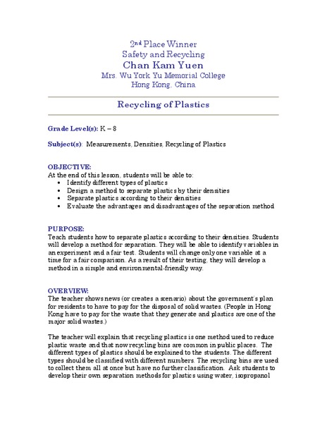 Recycling of Plastics Lesson Plan