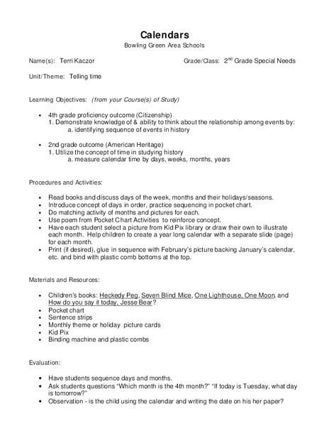 Calendars Lesson Plan
