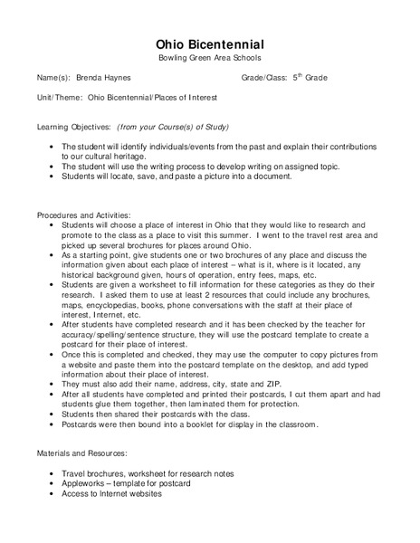 Ohio Bicentennial Lesson Plan