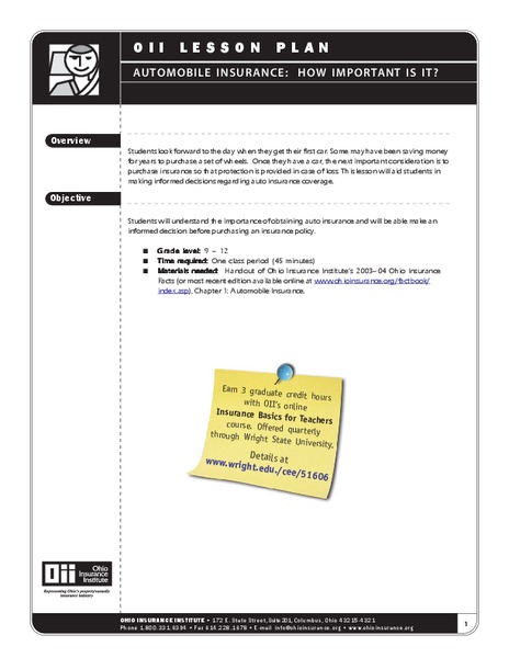 Oil Lesson Plan- Automobile Insurance Lesson Plan