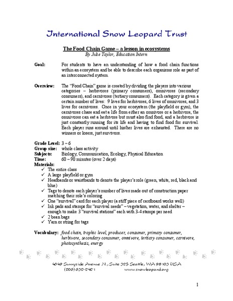 The Food Chain Game - A Lesson in Ecosystems Lesson Plan
