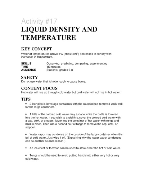 Activity #17 Liquid Density and Temperature Lesson Plan