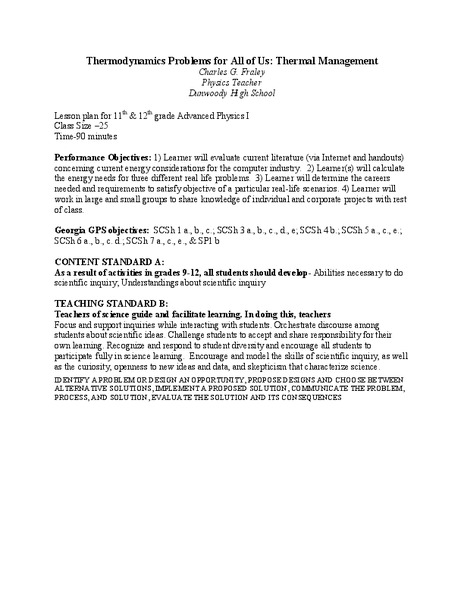 Thermodynamics Problems for All of Us: Thermal Management Lesson Plan