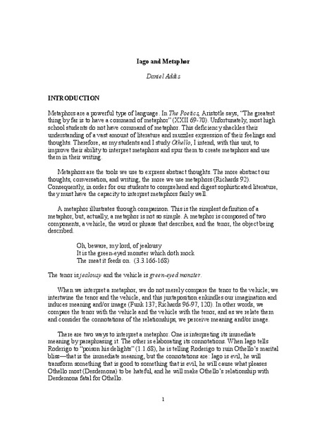 ESSAYS ABOUT IAGO'S METAPHORS Lesson Plan