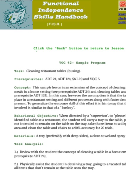 Cleaning restaurant tables (busing) Lesson Plan
