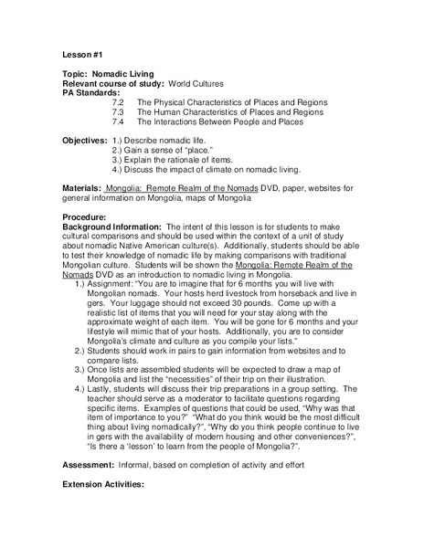 Nomadic Living Lesson Plan