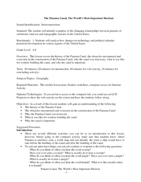 The Panama Canal, The World's Most Important Shortcut Lesson Plan