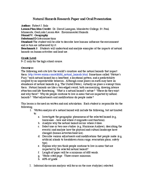 Natural Hazards Research Paper and Oral Presenation Lesson Plan