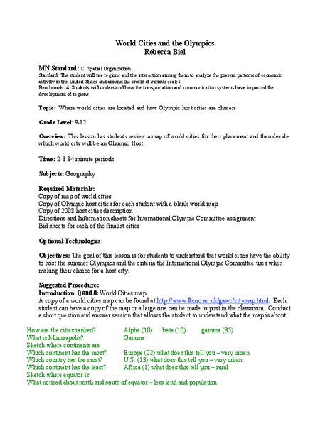 World Cities and the Olympics Lesson Plan