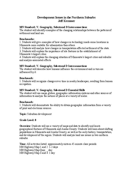 Development Issues in the Northern Suburbs Lesson Plan
