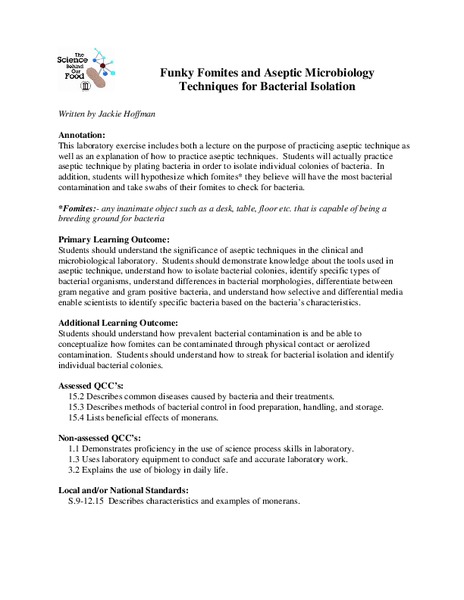 Funky Fomites and Aseptic Microbiology Techniques for Bacterial Isolation Lesson Plan