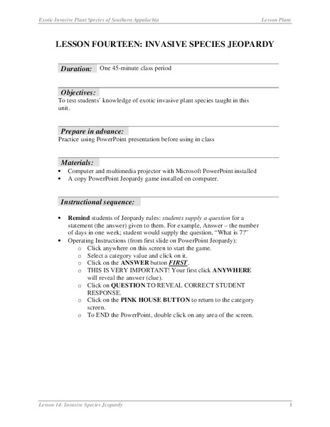 Invasive Species Jeopardy Lesson Plan