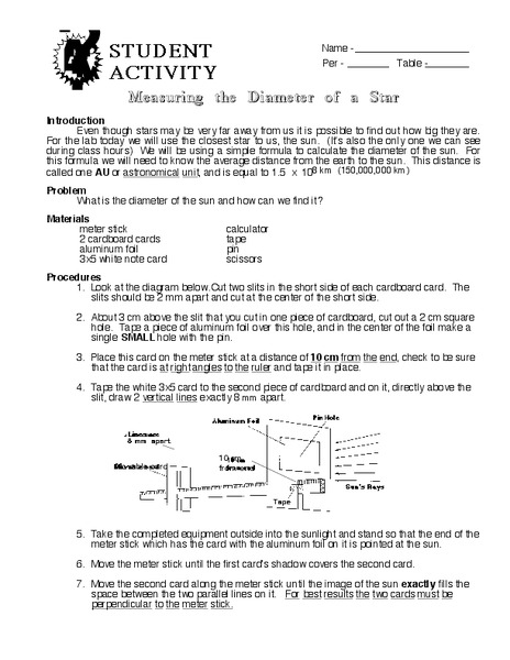 Measuring The Diameter of a Star Worksheet