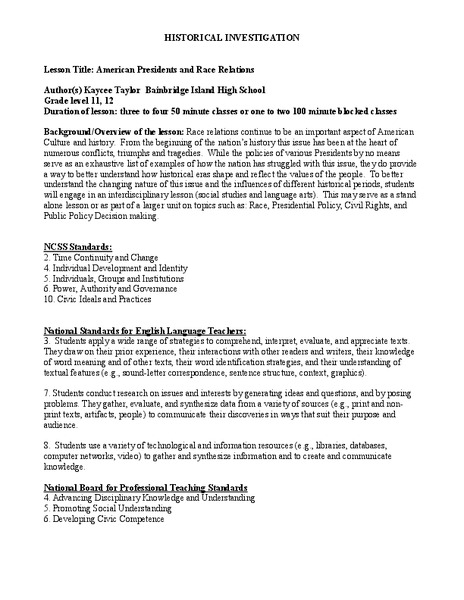 American Presidents and Race Relations Lesson Plan