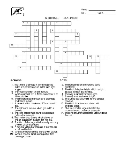 Mineral Madness Crossword Worksheet