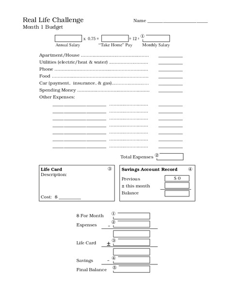 Real Life Challenge ~ Budget Worksheet