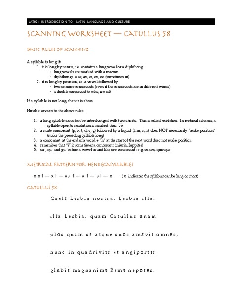 Scanning Worksheet-Catullus 58 Worksheet