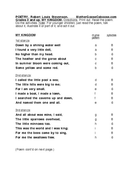 Poetry: Robert Louis Stevenson Worksheet