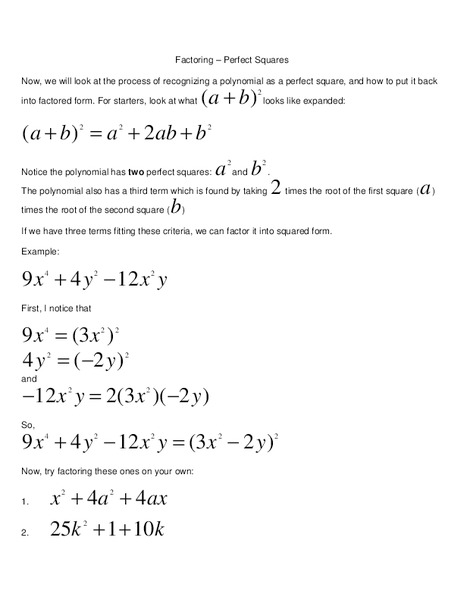 Factoring Perfect Squares Worksheet