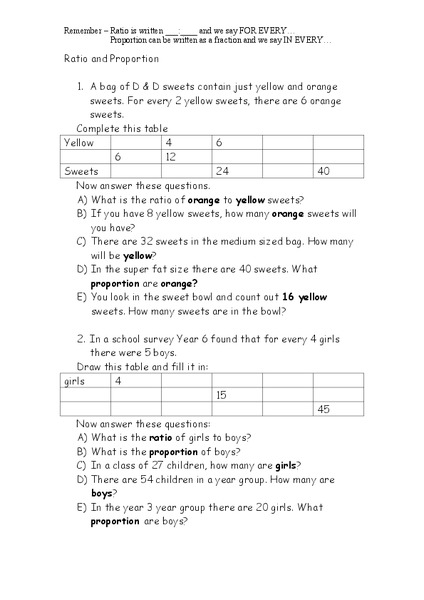 Ratio and Proportion-- Sweets in a Bag Worksheet