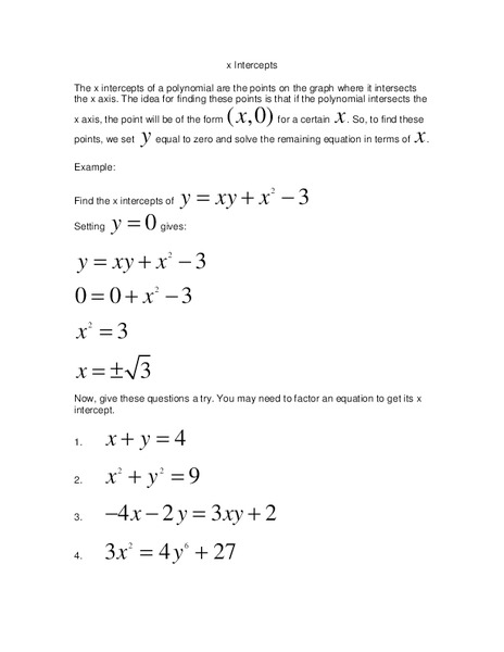 X-Intercepts Worksheet