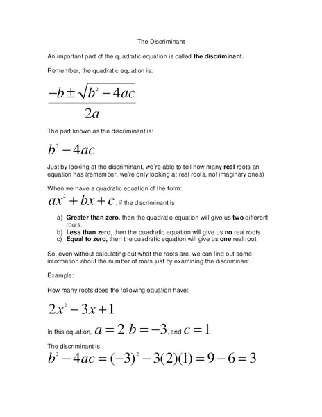 The Discriminant Worksheet