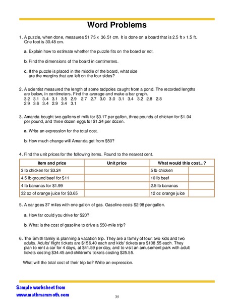 Word Problems Worksheet