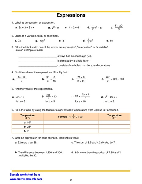 Expressions Worksheet