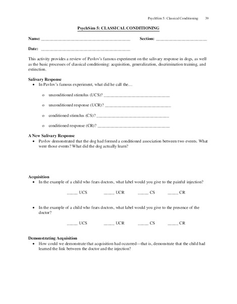 PsychSim 5: Classical Conditioning Worksheet
