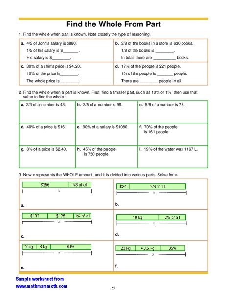 Find a Whole when a Part is Known Practice Worksheet Worksheet