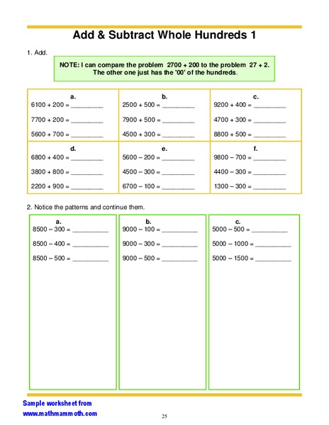 Add &amp; Subtract Whole Hundreds 1 Worksheet