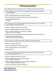 Writing Equations Worksheet