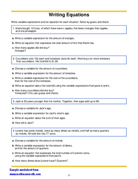 Writing Equations Worksheet