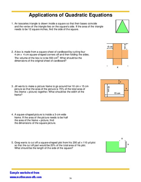 Applications of Quadratic Equations Worksheet