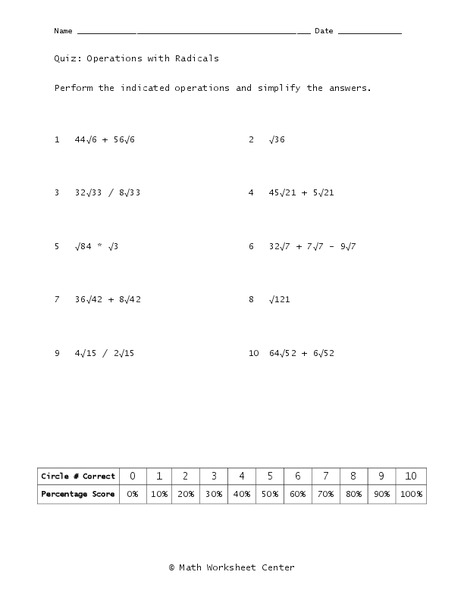 Operations with Radicals Worksheet
