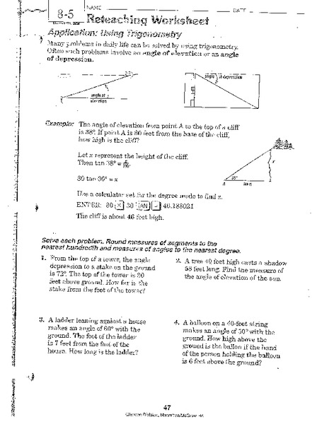8-5 Reteaching Worksheet. Using Trigonometry Worksheet