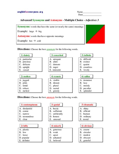 Advanced Synonyms and Antonyms - Multiple Choice - Adjectives 3 Worksheet