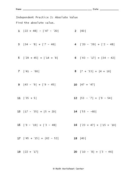 Absolute Value Worksheet