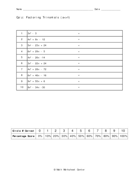 Factoring Trinomials Worksheet