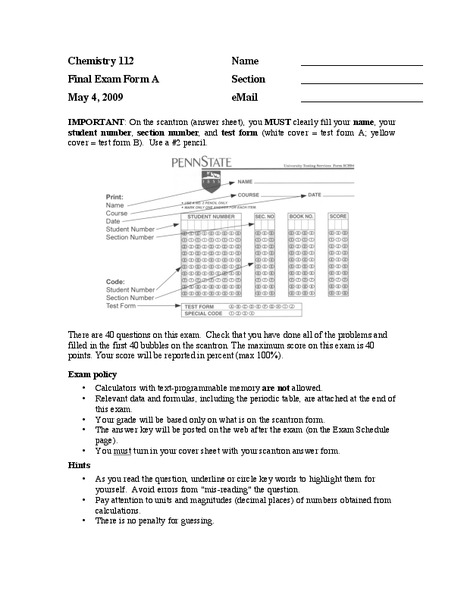 Chemistry 112: Form A- Worksheet