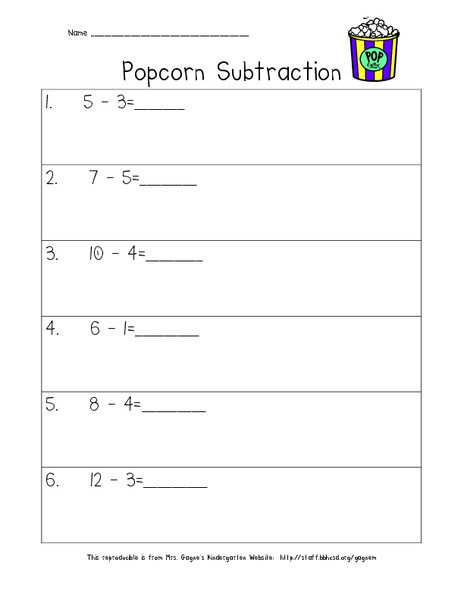 Popcorn Subtraction Worksheet