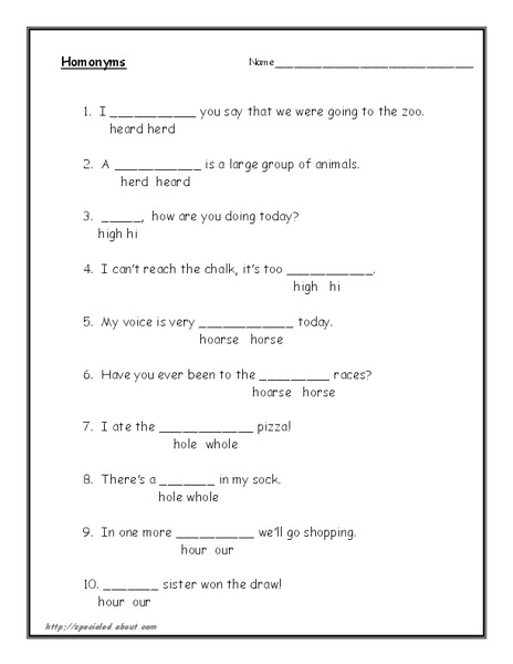 Homonyms 6 Worksheet