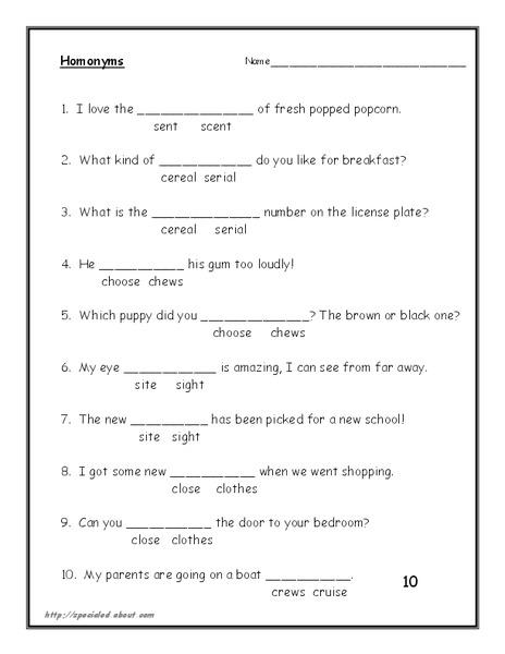 Homonyms Worksheet