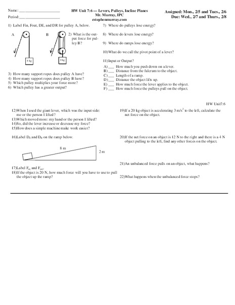 Levers, Pulleys, Incline Planes Worksheet