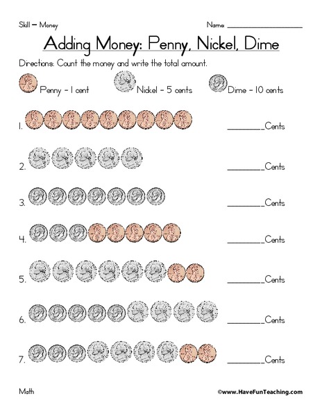 Adding Money: Penny, Nickel, Dime Worksheet