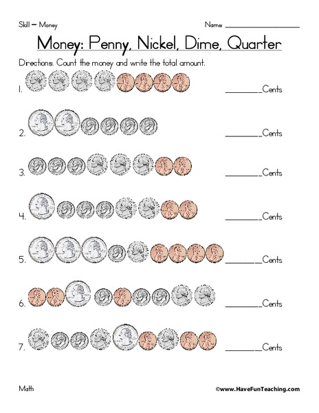 Money: Penny, Nickel, Dime, Quarter Worksheet